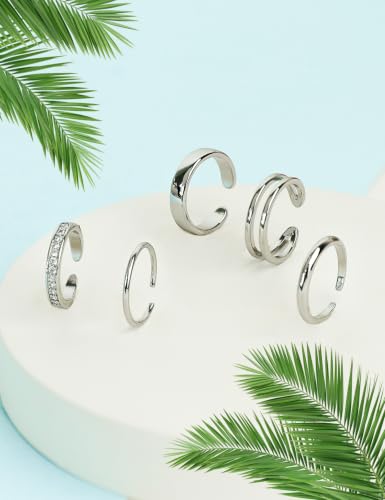 5Pcs 14K Gold Filled Toe Rings for Women Non Tarnish Adjustable Gold CZ Wide Band Toe Rings Summer Beach Waterproof Open Gold Toe Ring Jewelry for Summer - color: silver