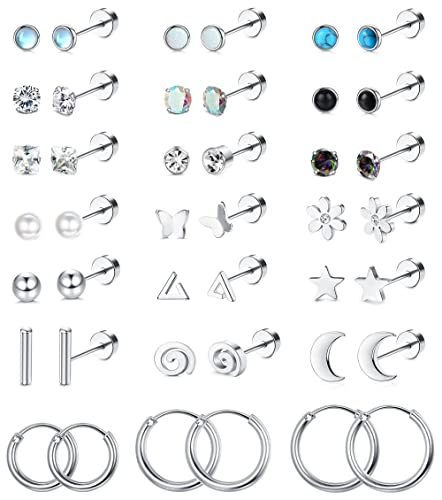 LOLIAS 21 Paris Stainless Surgical Steel Flat Back Earrings Hypoallergenic | 20G Cartilage Earring Stacks,Screw Back Nap Flatback Stud Earrings for Sensitive Ears Women,Earring Set,Pack Piercing Jewelry - color: Silver