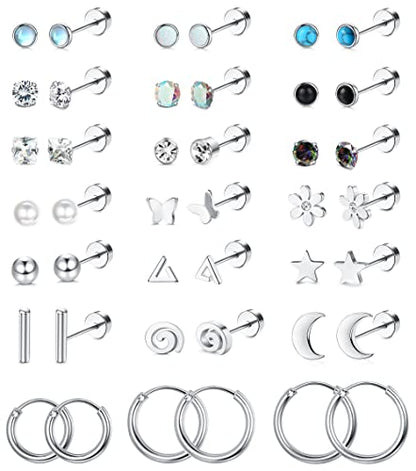 LOLIAS 21 Paris Stainless Surgical Steel Flat Back Earrings Hypoallergenic | 20G Cartilage Earring Stacks,Screw Back Nap Flatback Stud Earrings for Sensitive Ears Women,Earring Set,Pack Piercing Jewelry - color: Silver