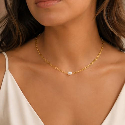 Pearl Necklaces for Women Trendy, Dainty Beaded Choker Necklace, 14K Gold Plated Station Chain, Simple Layering Wedding Prom Jewelry Gift - color: Gold Paperclip Pearl