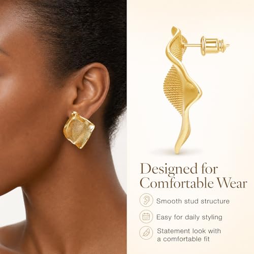 18K Gold Plated Statement Stud Earrings for Women Hypoallergenic Geometric Wave Earrings Irregular Textured Chunky Fashion Jewelry Gifts for Womens - color: Gold