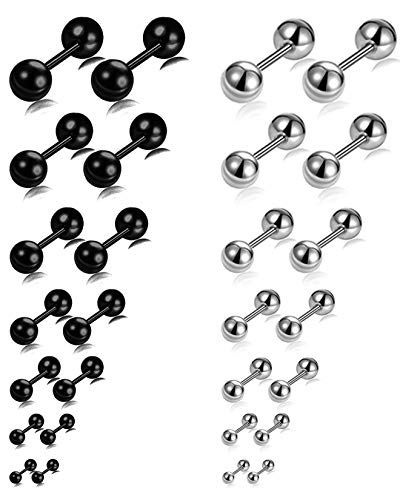 14 Pairs Stainless Steel Ball Stud Earrings Barbell Cartilage Tragus Helix Ear Piercing For Men Women 2-8mm Silver Black - style: A:Ball,7 Pairs Black and 7 Pairs Silver