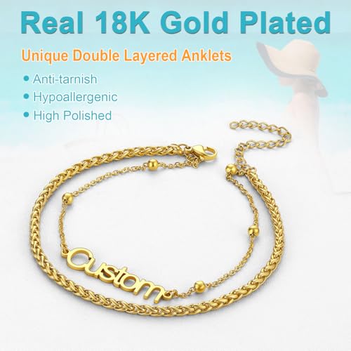 U7 Custom Layered Ankle Bracelets for Women Stainless Steel Bead/Cuban/Figaro/Rope/Wheat Chain Anklet Waterproof Anklet Jewelry for Beach Vacation - color: a-Gold Plated-Wheat Chain