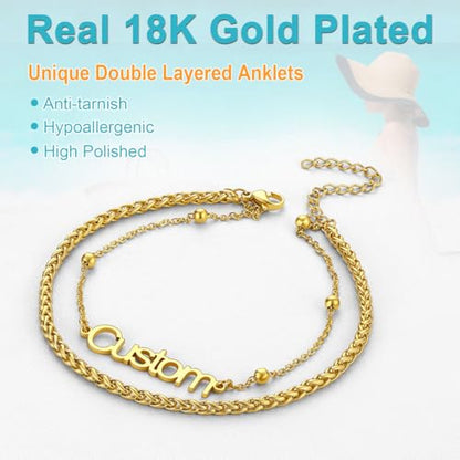 U7 Custom Layered Ankle Bracelets for Women Stainless Steel Bead/Cuban/Figaro/Rope/Wheat Chain Anklet Waterproof Anklet Jewelry for Beach Vacation - color: a-Gold Plated-Wheat Chain
