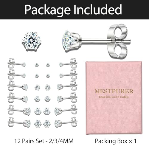 10 Pairs Small Stud Earrings for Women – Hypoallergenic Stainless Steel Tiny Earrings for Sensitive Ears, Cubic Zirconia Simulated Diamond Stud Earrings - style: 2/3/4mm-12 pairs-silver