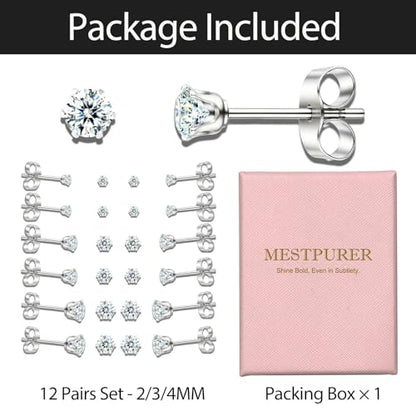 10 Pairs Small Stud Earrings for Women – Hypoallergenic Stainless Steel Tiny Earrings for Sensitive Ears, Cubic Zirconia Simulated Diamond Stud Earrings - style: 2/3/4mm-12 pairs-silver