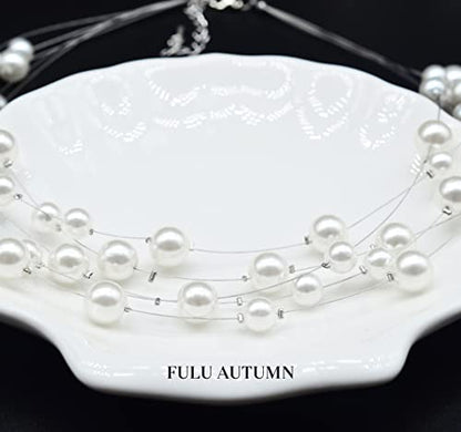 FULU AUTUMN Layered Pearl Necklace Multi-strand Pearl Choker Necklaces for Women Beaded jewelry for Wedding Parties - color: White