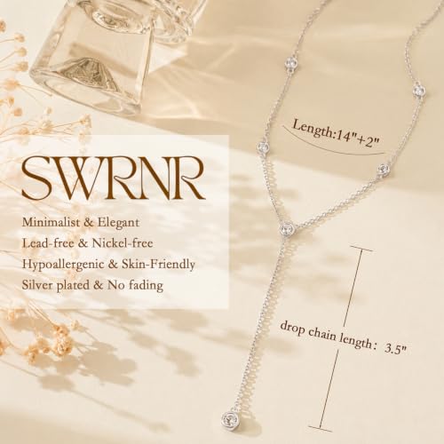 Lariat Necklace for Women, Dainty 14K Gold/Silver Plated Long Necklaces for Women Trendy Simple Layered Y-Shaped Pendant Necklace Adjustable Fashion Jewelry Gift - color: Silver, style: CZ Y Necklace