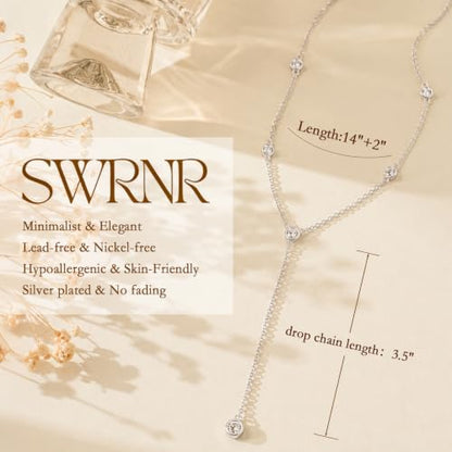 Lariat Necklace for Women, Dainty 14K Gold/Silver Plated Long Necklaces for Women Trendy Simple Layered Y-Shaped Pendant Necklace Adjustable Fashion Jewelry Gift - color: Silver, style: CZ Y Necklace