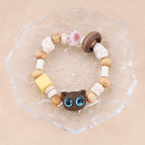 Boho Cartoon Cat Bracelet Wooden Beaded Strand Stretch Bracelets Brown Acrylic Cat Chain Bracelet Jewelry for Women