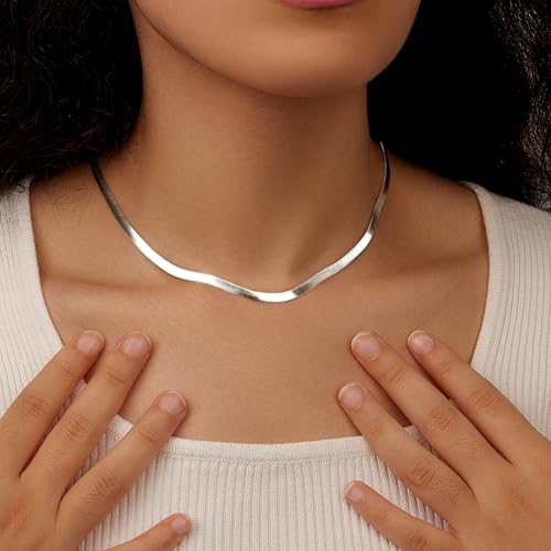 WomenGifts 14K Gold Silver Plated Herringbone Necklace for Women, Dainty Snake Chain Choker, Trendy Simple Long Layered Jewelry Non Tarnish, 3/4/5/8mm,14,16,18,20,22,24,26 Inch Thin & Chunky Options - color: Silver, style: 4mm-14inch