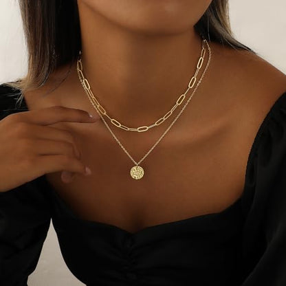 Layered Necklaces for Women 14K Gold Plated Stack Circle Pendant Trendy Long Chain Stackable Handmade Coin Necklace Set Dainty Gold Stacked Jewelry Gifts - color: Gold-3