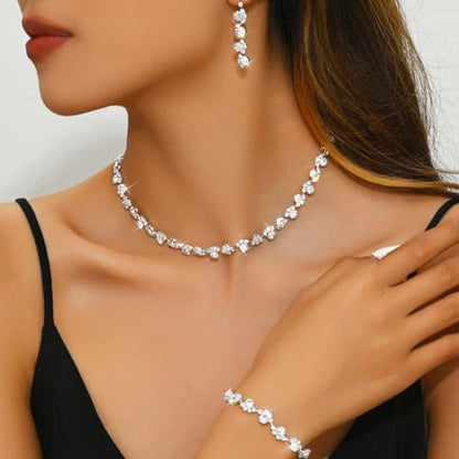 Aukmla Bridal Wedding Jewelry Set Silver Rhinestones Choker Necklaces Earrings Bracelet Sets Prom Jewelry for Women and Brides - color: Silver