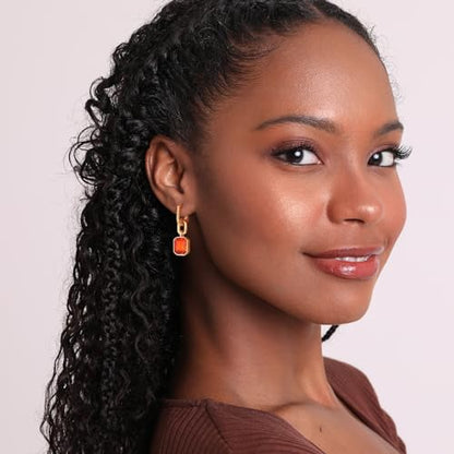 Birthstone Crystal Dangle Drop Earrings, 18K Gold Plated Huggie HoopEarring | Hypoallergenic Earring Jewelry Gifts for Women, Birthdays, anniversaries, weddings - color: Orange-1