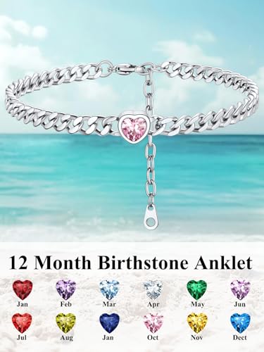 ChainsHouse Cuban Chain Anklets for Women with Heart Birthstone Jan - Dec | Stainless Steel Black Link Chain Ankle Bracelet with Birthstone, Beach Women Anklet 22cm-27cm Adjustable, with Gift Box - color: 10. Oct.-Tourmaline-Steel