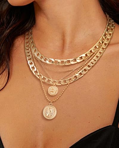 MJartoria Layered Necklaces for Women Trendy Retro Coin Pendant Necklace Dainty Chunky Chain Necklaces for Jewelry Birthday Gifts - color: Gold, style: A-Retro Coin-2PCS