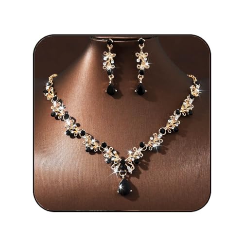 JAKAWIN Bride Silver Bridal Necklace Earrings Set Rhinestone Wedding Jewelry Set Formal Crystal Necklace for Women (3 Black)