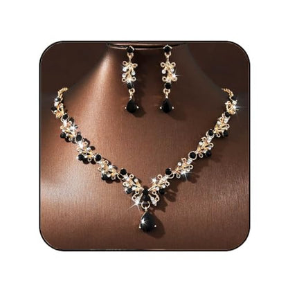 JAKAWIN Bride Silver Bridal Necklace Earrings Set Rhinestone Wedding Jewelry Set Formal Crystal Necklace for Women (3 Black)