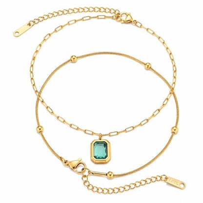 Waterproof Gold Plated Layered Anklets for Women Daisy/Herringbone/Heart Charm/Bead Chain Non Tarnish Stainless Steel Summer Foot Jewelry Gift for Her, with Gift Box - color: 2. square stone+ beaded chain