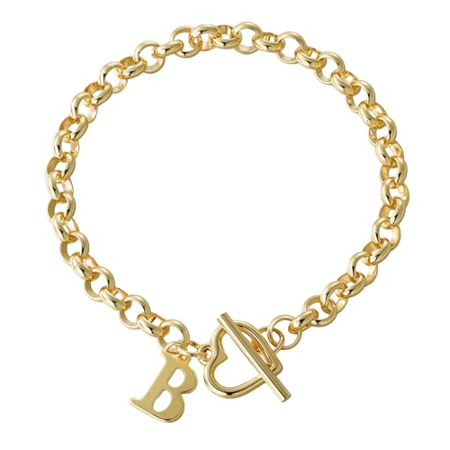 14K Gold Plated Stainless Steel A-Z Alphabet Letter Heart Bracelet | Non-Tarnish Dainty Charm with a Romantic Toggle Clasp Daily Fashion Jewelry, 7-inch Rolo Chain, Personalized Gift for Her - color: B