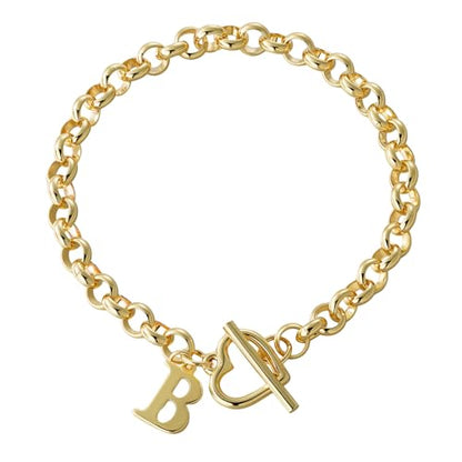 14K Gold Plated Stainless Steel A-Z Alphabet Letter Heart Bracelet | Non-Tarnish Dainty Charm with a Romantic Toggle Clasp Daily Fashion Jewelry, 7-inch Rolo Chain, Personalized Gift for Her - color: B