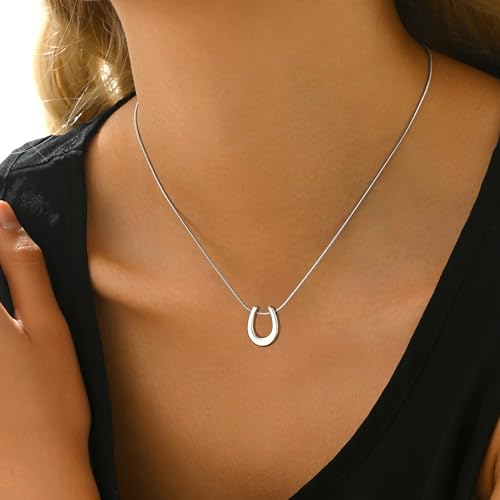 Gold Necklace for Women Dainty 18K Gold Plated | Sun Horn Crescent Moon Lucky Horse Shoe Pendant Necklace Waterproof Stainless Steel Trendy Jewelry, Gift Box Included - color: U Shape-White Gold