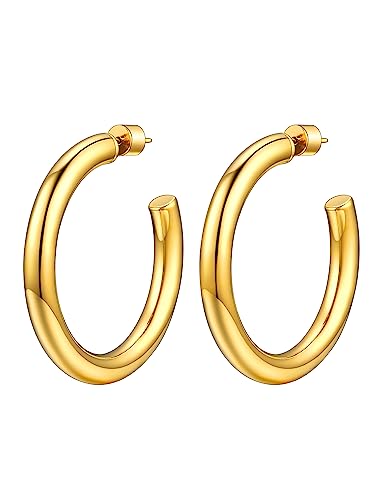 PROSTEEL Chunky Hoop Earrings for Women 14K Gold Plated/Black/Silver | 20/30/40/50/60/70/80mm Stainless Steel Thick Big Round Hoop with Waterproof and Non Tarnish Trendy Jewelry with Gift Box - color: 2. Gold, size: 40MM