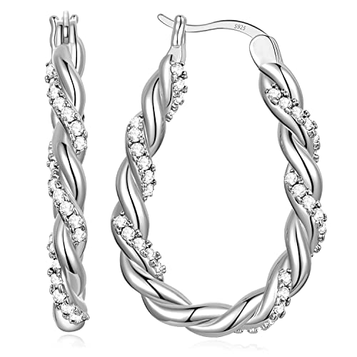14K Gold Plated Hoop Earrings 925 Sterling Silver Post Earring for Women - color: White-White CZ