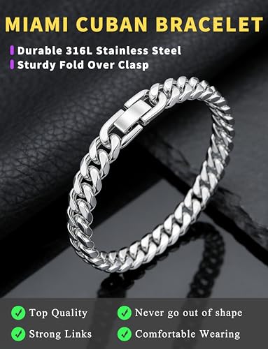 Stainless Steel Mens Cuban Link Chain, Miami Cuban Chain Bracelets for Men, 8mm Wide 7.5 8 8.5 9Inch Hip Hop Mens Bracelets,Gift for Father Husband Son men chain - style: Stainless Steel 8 inch