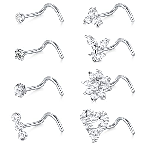 Briana Williams Nose Studs Nose Rings for Women 18G 20G Corkscrew Nose Ring Stainless Steel Nose Screw Studs Nose Rings Studs Surgical Steel Nostril Nose Piercing Jewelry - color: B -18g, silver