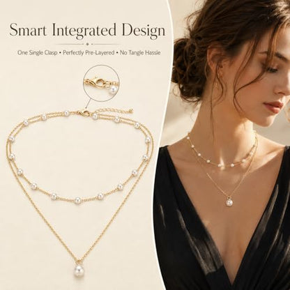 14K Gold Plated Layered Pearl Necklace, Waterproof Double Strand Choker | 14K gold plated, waterproof chains, embedded faux pearl stations, single pendant, fits beach, business or casual wear.