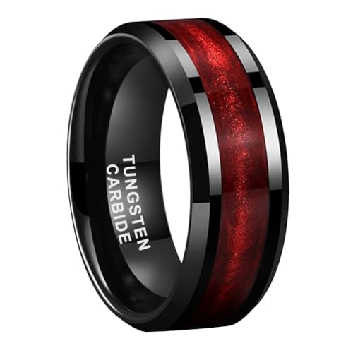 TUTISS 8mm Black Tungsten Rings for Men Women Flowing Sand Inlay Fashion Engagement Promise Wedding Band Beveled Polished Shiny Comfort Fit - color: 8mm Red Sand