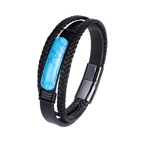 Mens Black Leather Obsidian/Turquoise/Tiger Eye/Red Agate Bracelet–Braided Multi‑Layer Wristband Cuff Bangle Bracelet with Stainless Steel Clasp Gift Jewelry Box Included - color: Turquoise Stone, size: 8.3in(Fits most wrists)