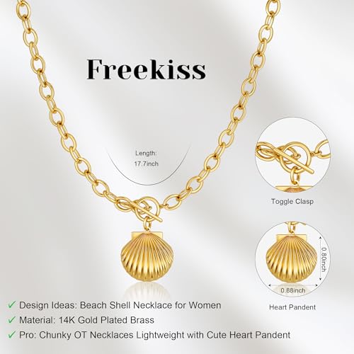 Freekiss 3-Piece Layered Toggle Necklace for Women | Gold/Silver necklace set with herringbone, rope, and paperclip chains plus a toggle clasp for layering, parties, and gifts - color: Shell Gold