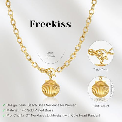 Freekiss 3-Piece Layered Toggle Necklace for Women | Gold/Silver necklace set with herringbone, rope, and paperclip chains plus a toggle clasp for layering, parties, and gifts - color: Shell Gold