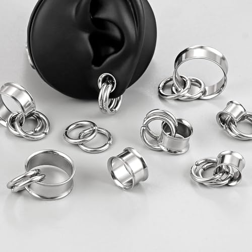 2 Pairs Stainless Steel Ear Plugs Tunnels Set with 2 Stacked Rings, Round & Teardrop Gauges for Ears, Hypoallergenic Surgical Steel Ear Stretcher Expander Body Jewelry - color: Silver, size: 12mm(1/2 inch)