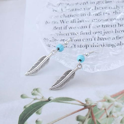Vintage Turquoise Bead Feather Earrings Silver Feather drop Earrings Turquoise Dangle Hook Earrings Turquoise Feather Earrings Jewelry for Women