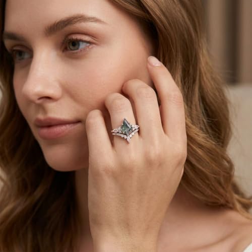 14K Gold Plated Natural Moss Agate Stackable Ring for Women | Promise Wedding Band Diamond Cut Green Moss Agate Stackable Rings Set Valentine & Anniversary Jewelry Gifts Size 5-9 - color: White Gold