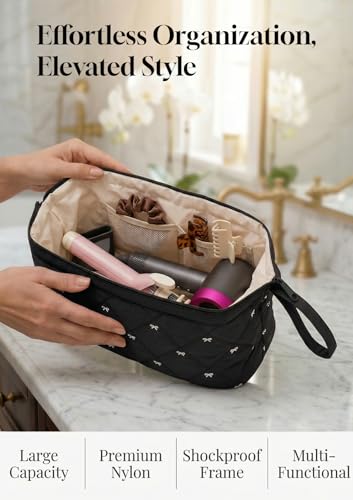 TeeYee Nylon Hair Tools Travel Bag for Dyson Airwrap Quilted Toiletry Bag | Travel Storage Bag for Shark Flexstyle/Curling Iron,Water-repellent,Wide-open,Well-structured,Heat-safe lining,001blackbow - color: Blackbow