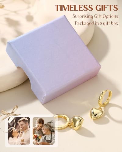 FIBO STEEL 14K Gold Plated Hoop Earrings with Charms for Women Huggie Hoops | Hypoallergenic 925 Sterling Silver Post Dangle Earrings Small Silver Gold Hoops Earring Cubic Zirconia Dangle Drop Jewelry - color: Puffy Heart - 14K Gold Plated
