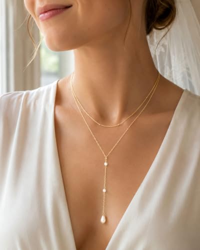 Gold Necklace Stack, Layered Gold Necklaces for Women Jewelry Set | 14K Gold Plated, Separate Chains, Pendant, Dainty, Non Tarnish, Delicate, Chain, Multi, Gift - color: 2 Layer-Pearl Lariat Gold