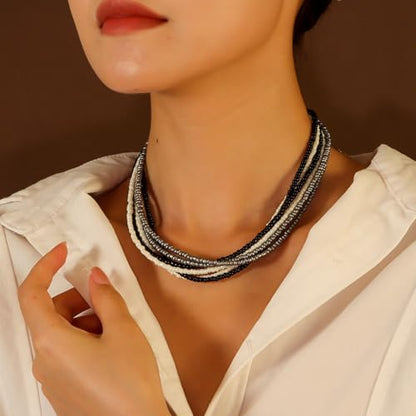 Handmade Colorful Multi-layered Multi Strand Seed Beaded Stackable Bohemian Braided Choker Necklaces for Women Summer Hawaiian Beach Holiday Boho Statement Jewelry - color: black