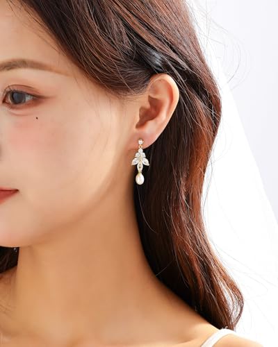 Pearl Earrings for Women, 14k Gold Plated Trendy Diamond Pearl Drop Earrings Bridal Shower Gifts Wedding jewelry for Women - color: Style E Gold