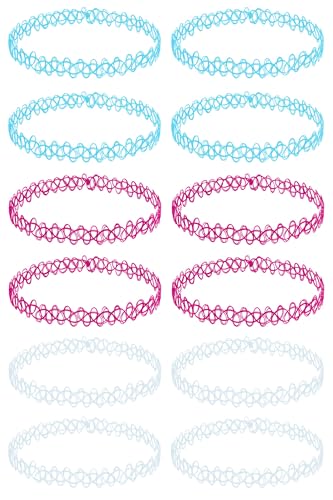 BodyJ4You 12PC Tattoo Choker Necklace - 90s Accessories 2000s Jewelry Y2K Fashion Vintage Trendy - Rainbow Goth Black Pink Green Blue White - Adjustable Stretchy Elastic Necklace Summer Vacation Set - color: Aqua, Pink, Clear