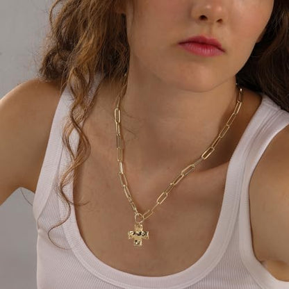Bheop Chunky Cross Necklace for Women, 14K Gold Silver Statement Necklace | Sturdy Paperclip Chain, Hammered Pendant, Vintage Charm, Trendy Costume Jewelry, Faith Christian Religious Gift, Non Tarnish - style: GD-2PCS/0.8 inch Cross+Herringbone Necklace