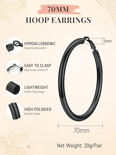 FaithHeart Silver/Black/Gold Stainless Steel Chunky Hoop Earrings for Women | Hypoallergenic Lightweight Hoop Earrings, Trendy Statement Thick Hoop, 20/30/40/50/60/70/80mm - color: Black, size: 70mm