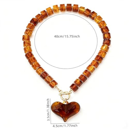 Chunky Heart Necklaces for Women Colorful Resin Beaded Necklaces for Women Gold Puffy Heart Statement Necklace Trendy Acrylic Choker Jewelry Gift - color: Amber