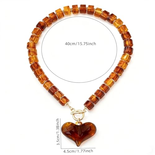 Chunky Heart Necklaces for Women Colorful Resin Beaded Necklaces for Women Gold Puffy Heart Statement Necklace Trendy Acrylic Choker Jewelry Gift - color: Amber