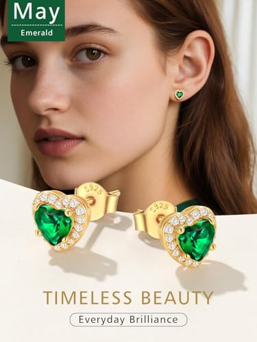 FindChic Birthstone Earrings for Women, Round/Heart/Square/Teardrop Earrings with 925 Sterling Silver Posts & Push Backs, Hypoallergenic Studs with Cubic Zirconia, 12 Months Jewelry with Gift Box - style: 05. May-Emerald (Heart-Gold)