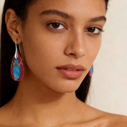 Boho Natural Imperial Jasper Teardrop Dangle Earrings for Women – Hypoallergenic French Hook Stone Drop Earrings Jewelry - color: Red Silvery Hook #2